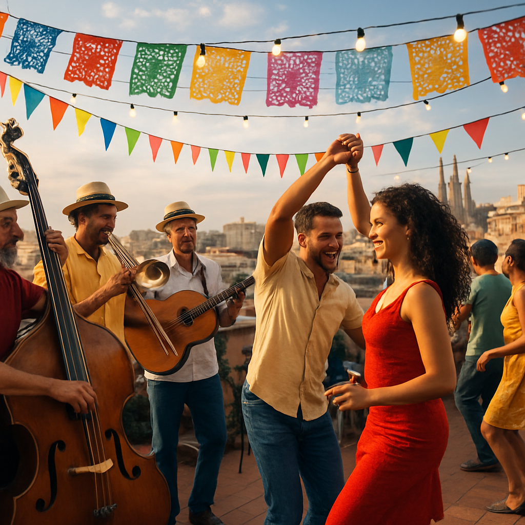 A vibrant rooftop party in Barcelona with Cuban musicians playing, colorful decorations, and guests dancing salsa under string lights. Alt: fiesta cubana barcelona recursos culturales y eventos.