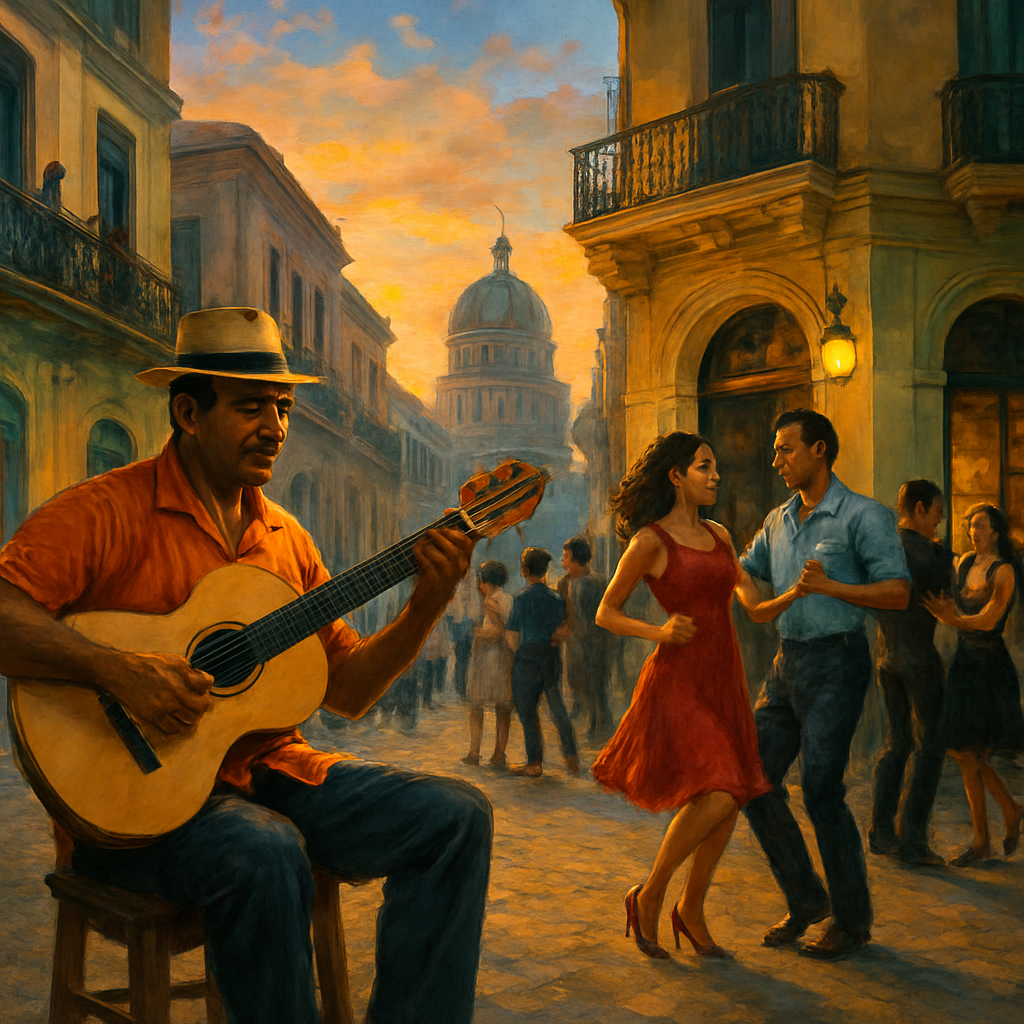 A vibrant street scene in Havana with a musician playing a tres cubano on a bustling corner, sun setting, people dancing. Alt: tres cubano historia y origen