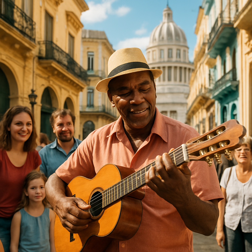 A vibrant street scene in Havana with a musician playing a tres cubano, strings shimmering in the sunlight, surrounded by curious onlookers. Alt: artista de tres cubano en acción, música tradicional cubana en vivo.