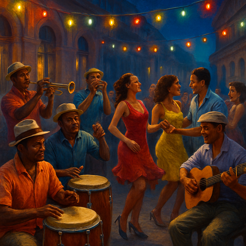 A vibrant night scene of a Cuban salsa orchestra playing on a European terrace, with colorful lights, congas, trumpets, and guests dancing. Alt: orquesta de salsa cubana en terraza europea, ambiente festivo
