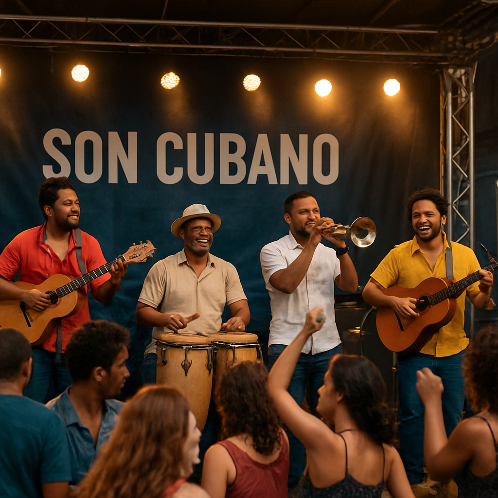 A vibrant live performance of a Cuban son band on a European festival stage, with musicians playing tres, bongos, trumpet and a dancing crowd. Alt: son cubano music en vivo, grupo cubano tocando en Europa