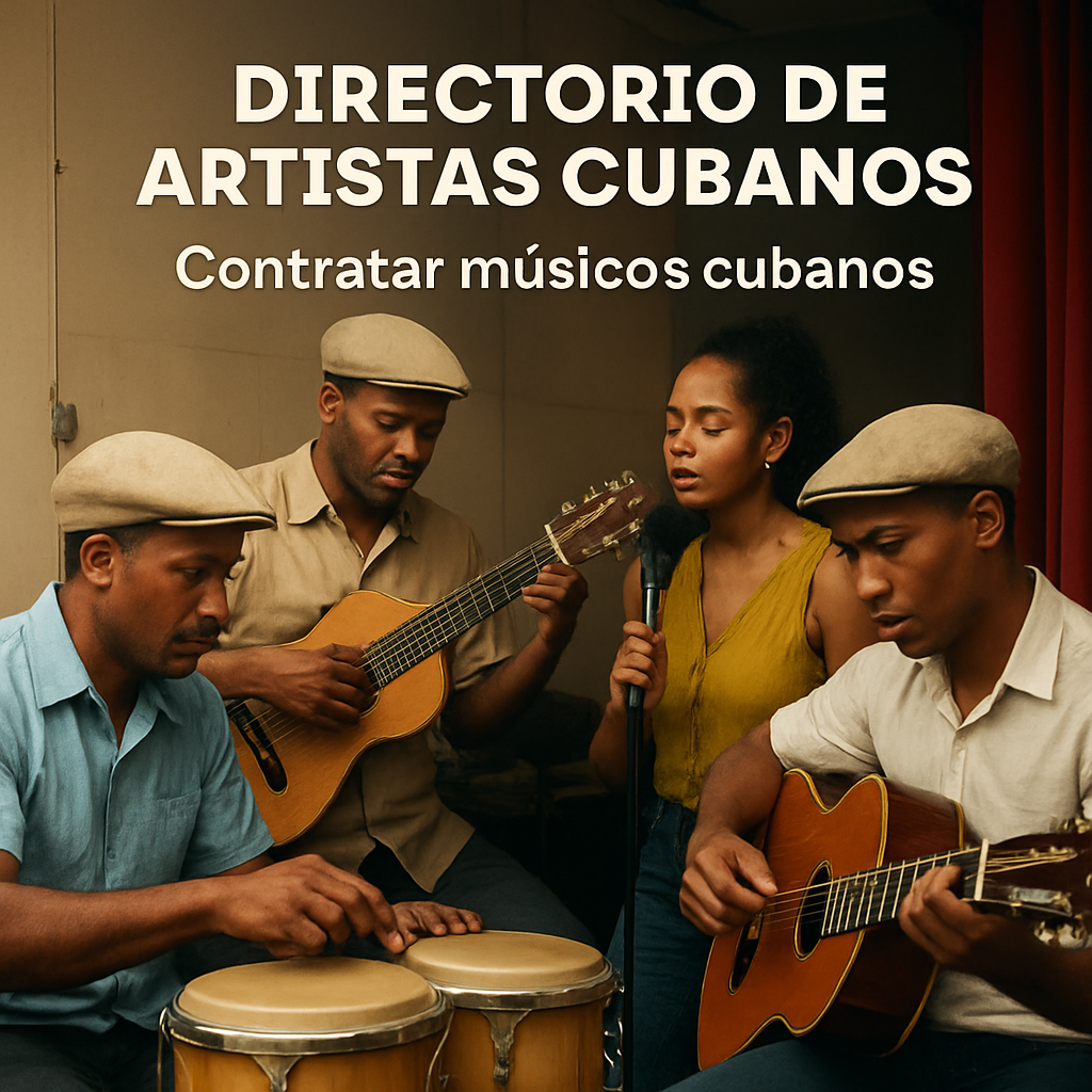 A lively scene of Cuban musicians tuning their instruments backstage before a European event, with bongos, tres, and a vocalist preparing, showing professionalism and cultural authenticity. Alt: son cubano music backstage preparation for European event.