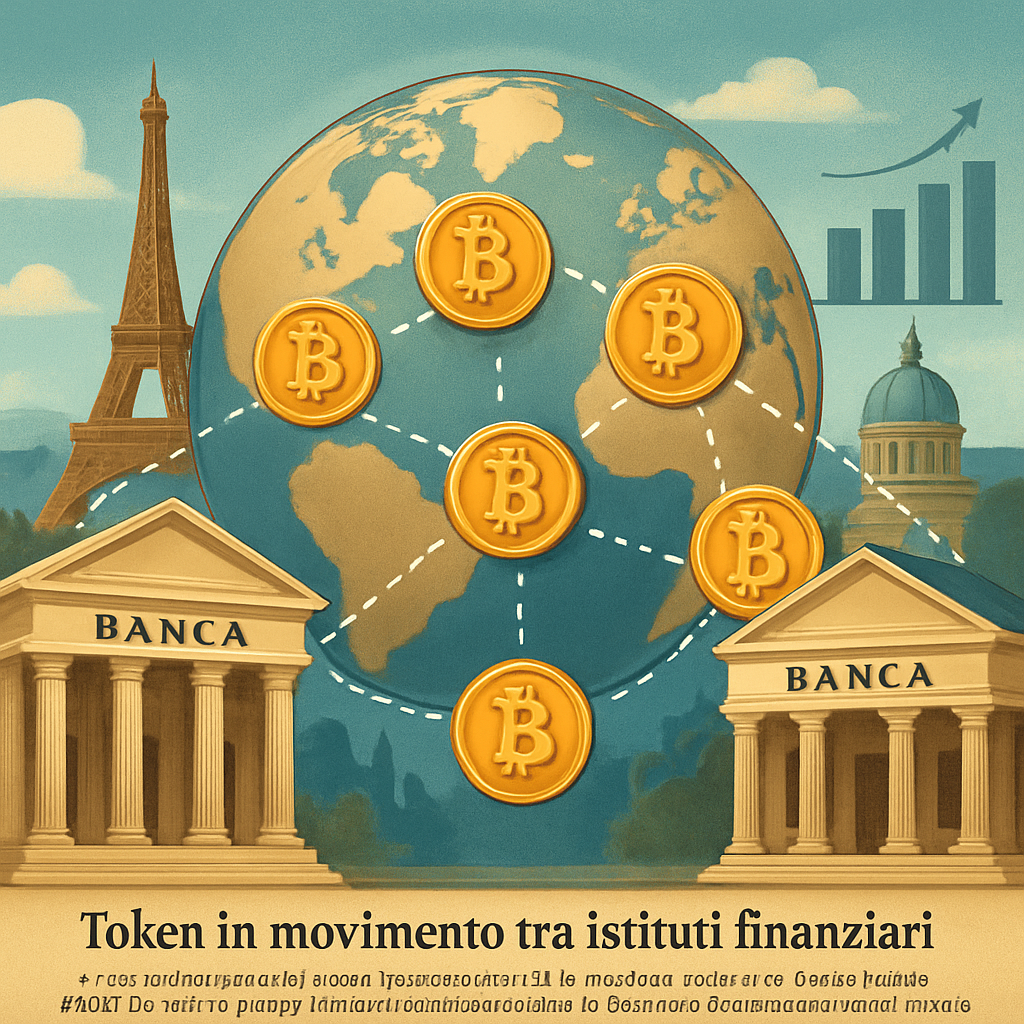 A stylized illustration of a blockchain network with digital tokens moving between banks, showing a globe and financial charts. Alt: Tokens circulating between financial institutions