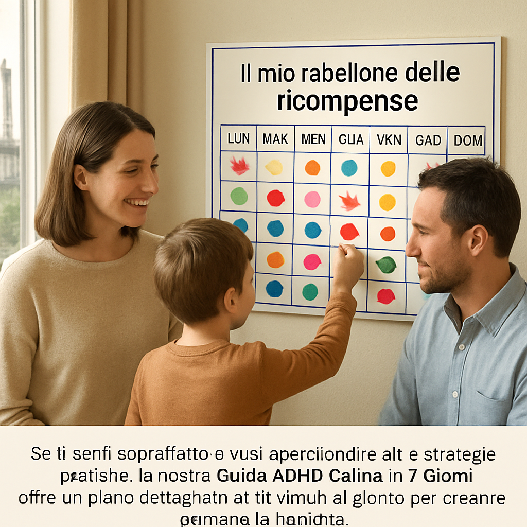 A family setting with a child collecting tokens, colorful stickers on a board, parents observing. Alt: Family token economy board.