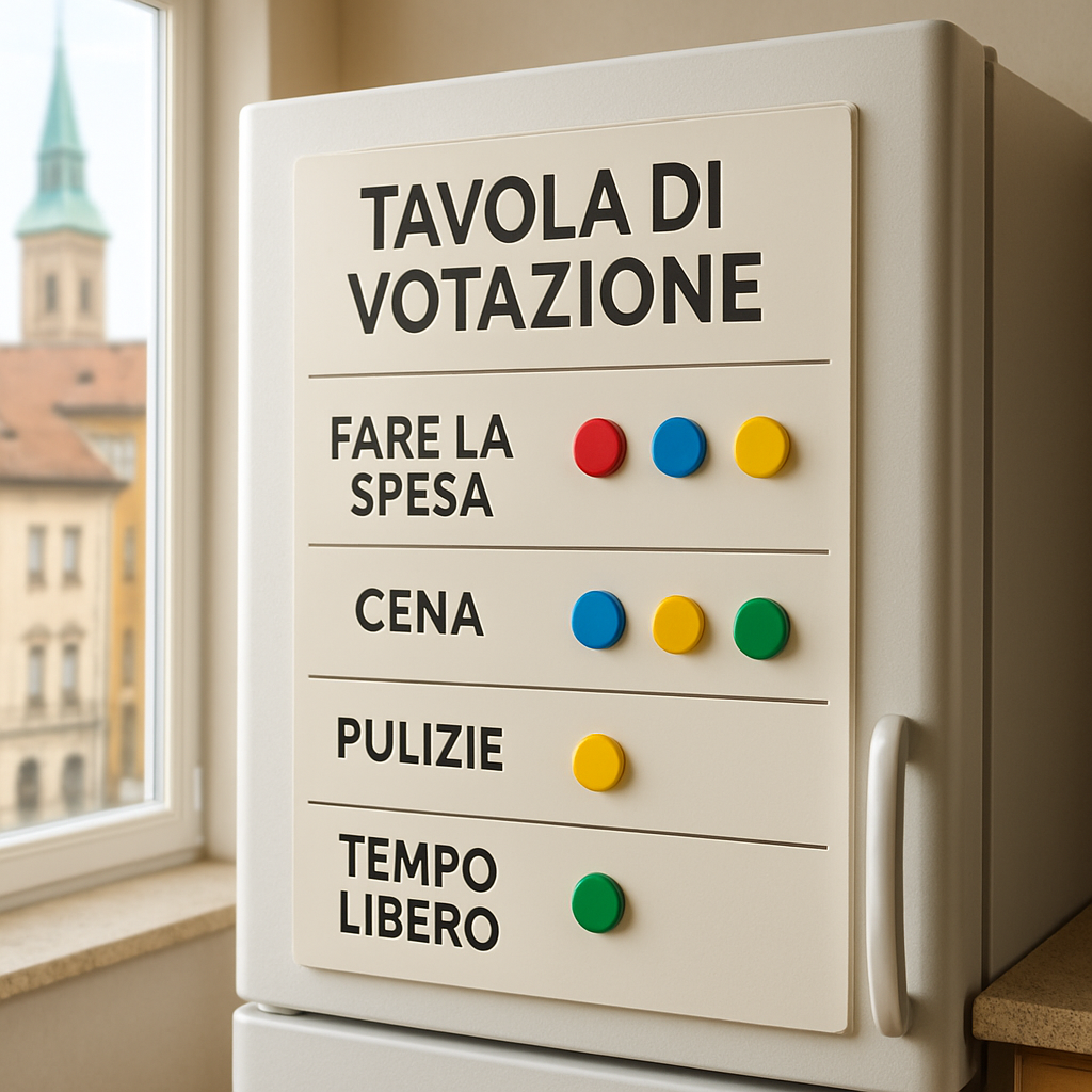 Una tavola di votazione digitale sul frigorifero con piccoli token colorati accanto a categorie di decisione. Alt: tabella token governance familiare.