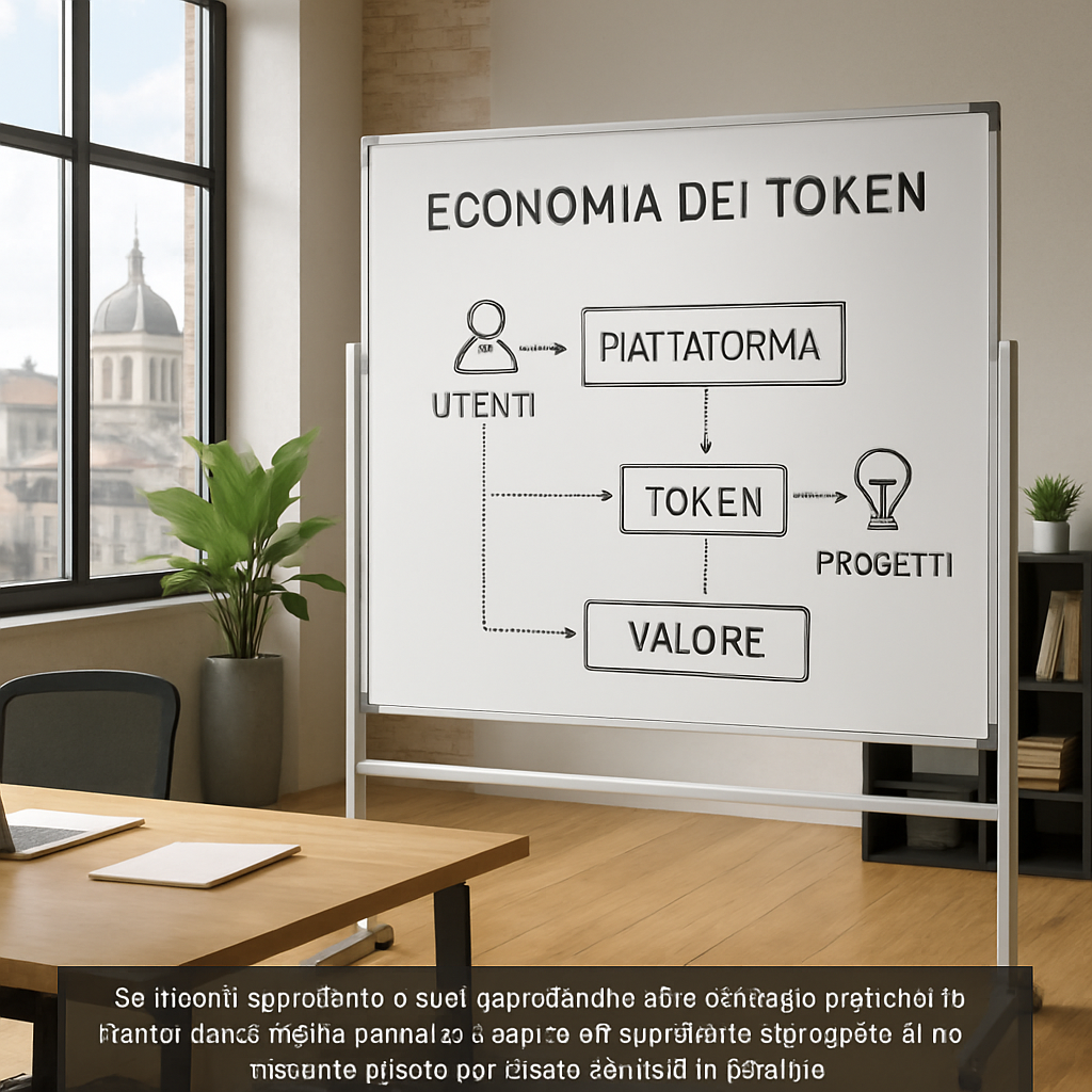 A startup office with a whiteboard showing token flowcharts, modern design. Alt: Startup fintech token economy diagram.