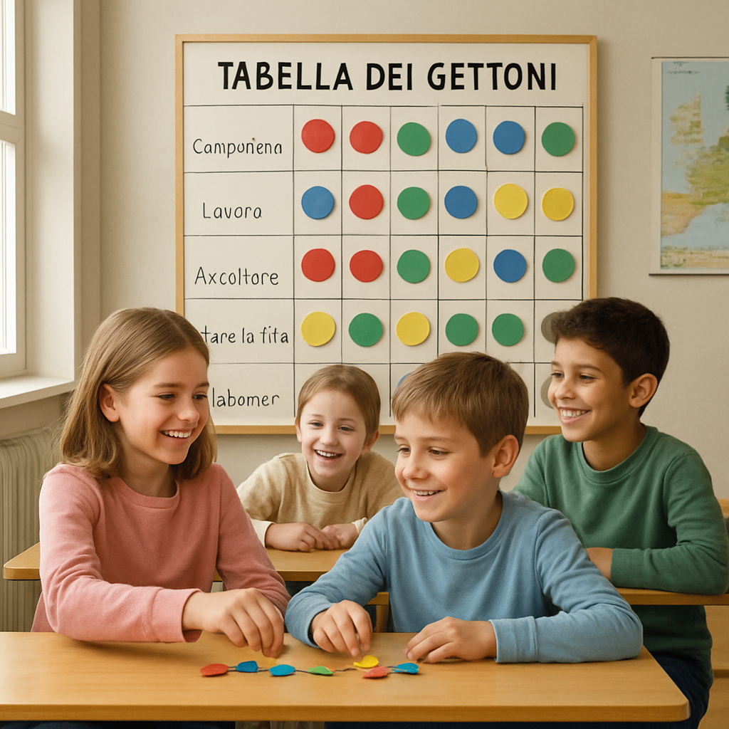 Un’aula scolastica con una grande tabellina dei token colorati appesa al muro; i bambini sorridono mentre aggiungono i gettoni alle proprie caselle. Alt: token economy esempi aula scolastica