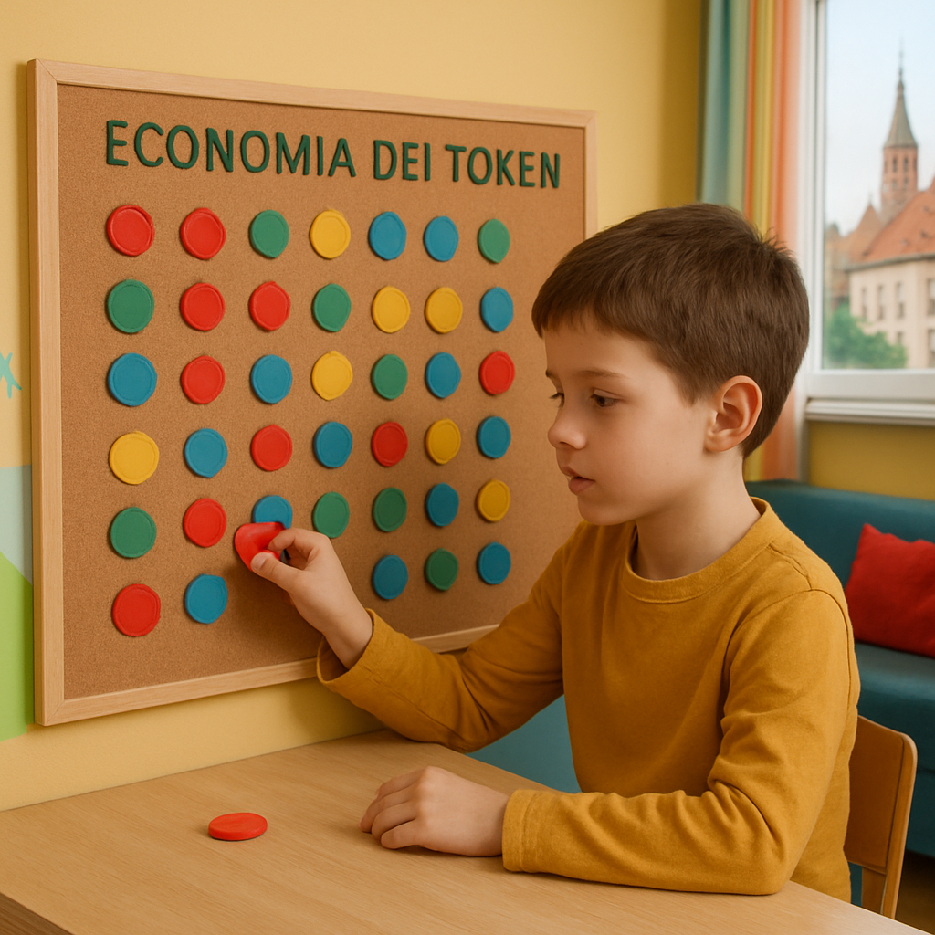 Un bambino in una stanza di terapia colorata, che inserisce un timbro rosso su una bacheca piena di token colorati. Alt: token economy esempi in terapia per bambini con ADHD