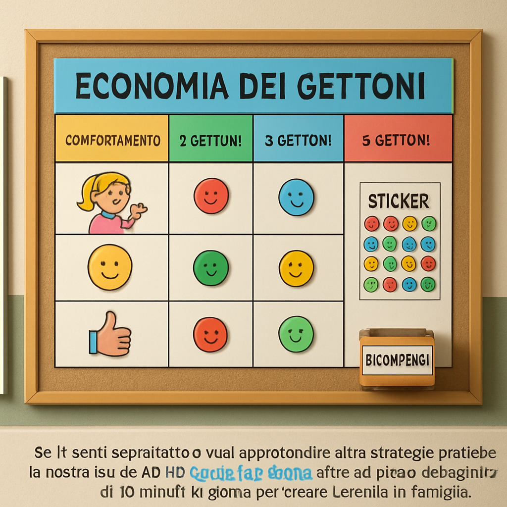 A classroom bulletin board with a colorful token economy chart, stickers, and a small reward box. Alt: Token economy chart in classroom