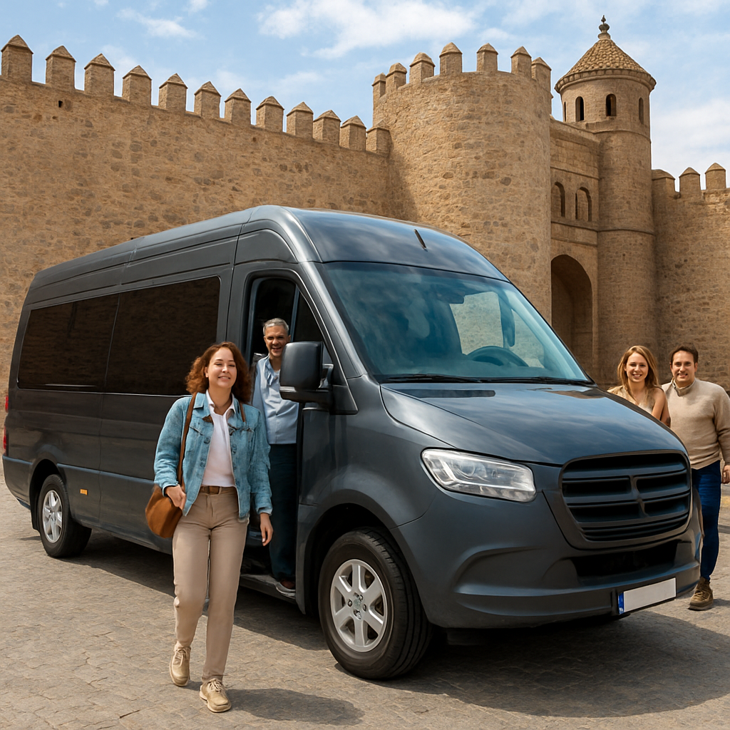 A sleek minibus parked in front of the historic Toledo city walls, with passengers smiling as they disembark. Alt: Toledo day trip from Madrid minibus transport