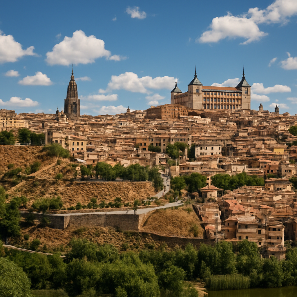 A panoramic view of Toledo's historic skyline from the riverbank, showing the Alcázar and Cathedral. Alt: Toledo day trip from Madrid top attractions overview.