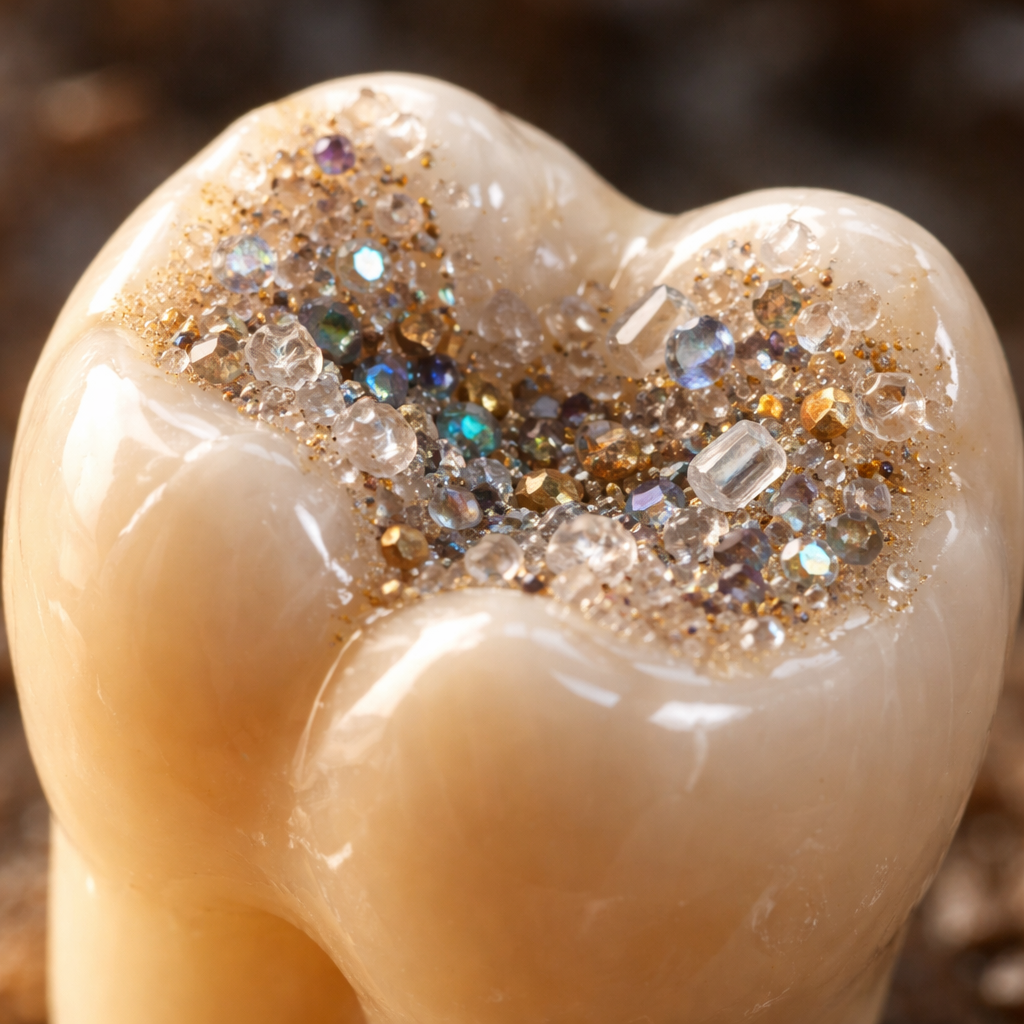 A photorealistic close‑up of a tooth cross‑section showing tiny mineral crystals filling micro‑cracks in enamel, soft lighting, realistic texture, highlighting the repair process. Alt: toothpaste for enamel repair visual