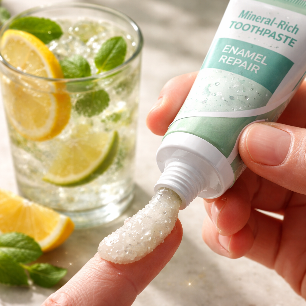 A photorealistic close‑up of a hand holding a tube of mineral‑rich toothpaste beside a glass of citrus drink, soft natural lighting highlighting the gritty texture of the paste. Alt: toothpaste for enamel repair showing mineral particles filling enamel gaps.