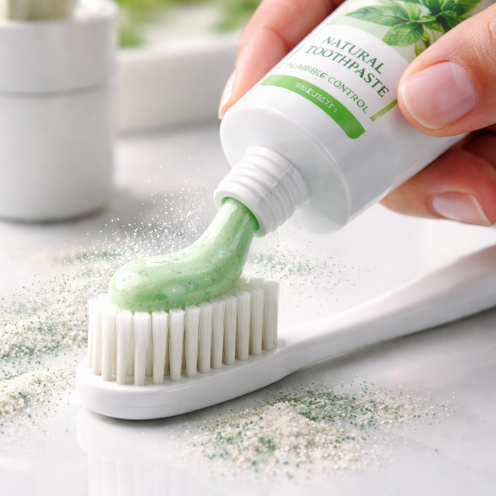 A photorealistic close‑up of a hand squeezing a natural toothpaste onto a soft toothbrush, with a subtle splash of mineral powder visible, set on a clean white bathroom counter. Alt: Toothpaste for plaque control in realistic style.