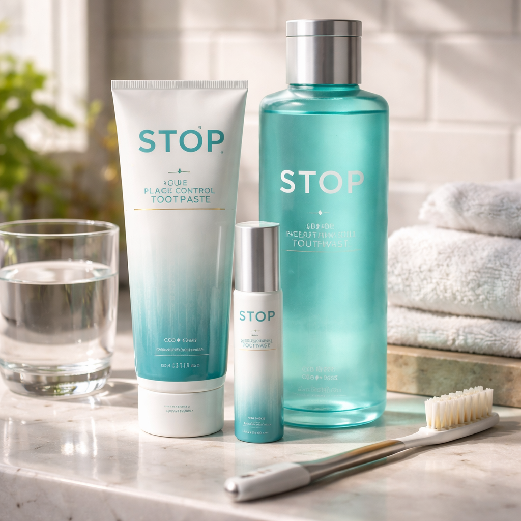 A photorealistic close‑up of a bathroom counter showing STOP Toothpaste, a sleek mouthwash bottle, and a compact oral spray tube next to a toothbrush and a glass of water. Light spills over the products, highlighting the CBD and Dead Sea mineral branding. Alt: toothpaste for plaque control and complementary oral care products in a realistic setting.
