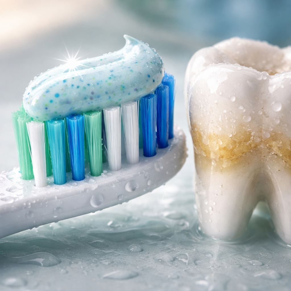 A photorealistic close‑up of a toothbrush head with a dab of tartar‑control toothpaste on the bristles, next to a sparkling clean molar, soft natural lighting, realistic water droplets on the brush, showing the contrast between plaque and clean enamel. Alt: toothpaste for tartar control cleaning effect.