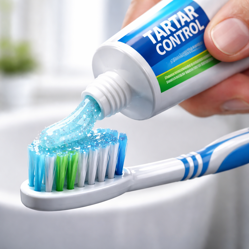 A photorealistic close‑up of a hand squeezing a tube of tartar‑control toothpaste onto a toothbrush, with visible mineral particles glistening on the bristles, bright bathroom lighting, realistic texture. Alt: toothpaste for tartar control application demonstration.