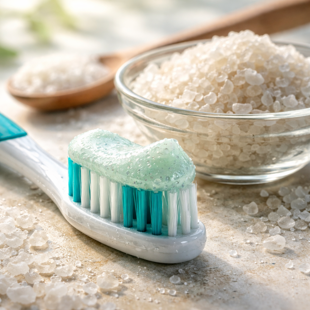 A photorealistic close‑up of a toothbrush head coated with a glistening, mineral‑rich toothpaste, beside a small bowl of natural Dead Sea salt crystals, soft morning light highlighting the texture, Realism style, appealing to health‑conscious adults aged 18‑70.