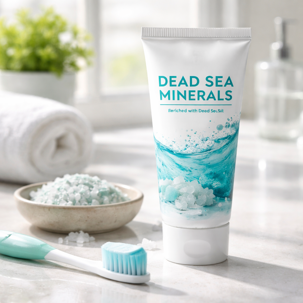 A photorealistic close-up of a toothpaste tube labeled with Dead Sea minerals, a soft-bristled toothbrush, a small dish with mineral crystals, on a clean bathroom counter bathed in natural light. Alt: Toothpaste with Dead Sea minerals displayed on a bathroom counter.