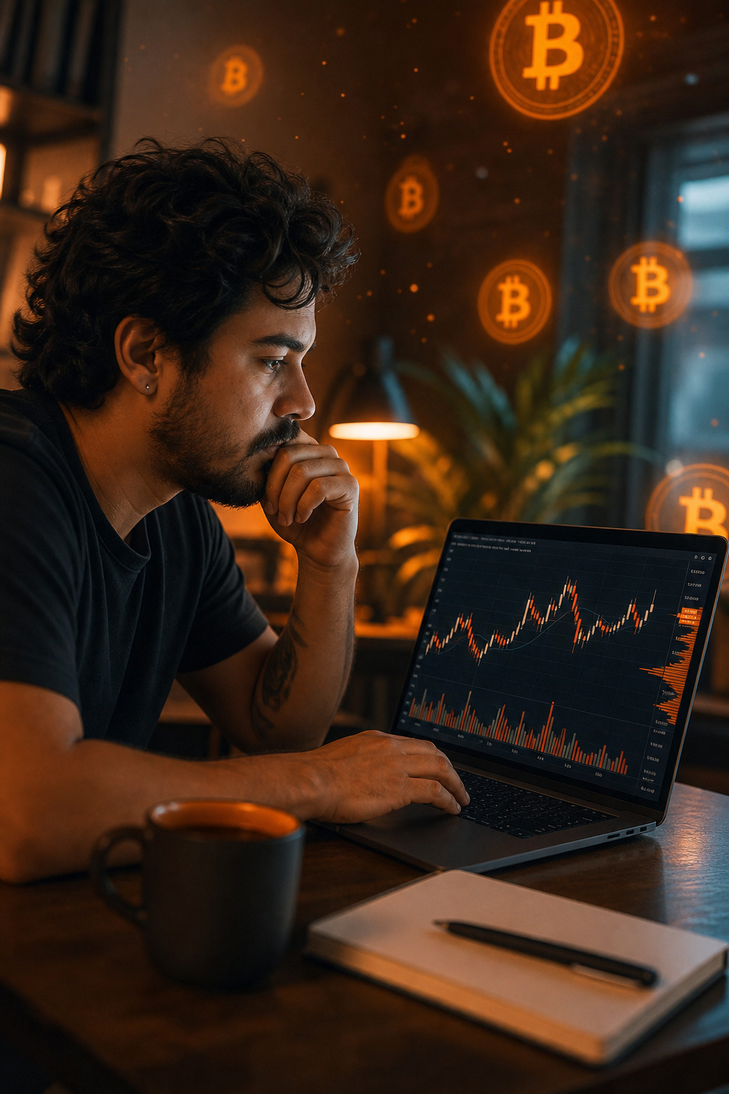 Cinematic scene of a Brazilian tech blogger reviewing crypto charts on a laptop, with BTC symbols floating in the background.