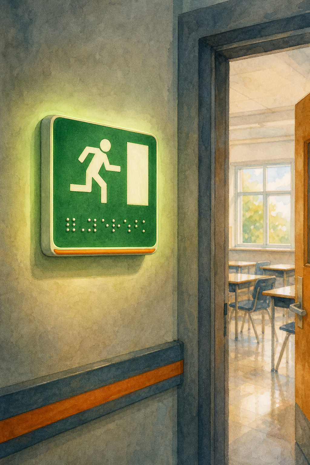 Watercolor illustration of an emergency exit sign with Braille dots, glowing gently in low light, placed near a classroom door in a school hallway. Alt: señal de salida de emergencia con braille en aula.