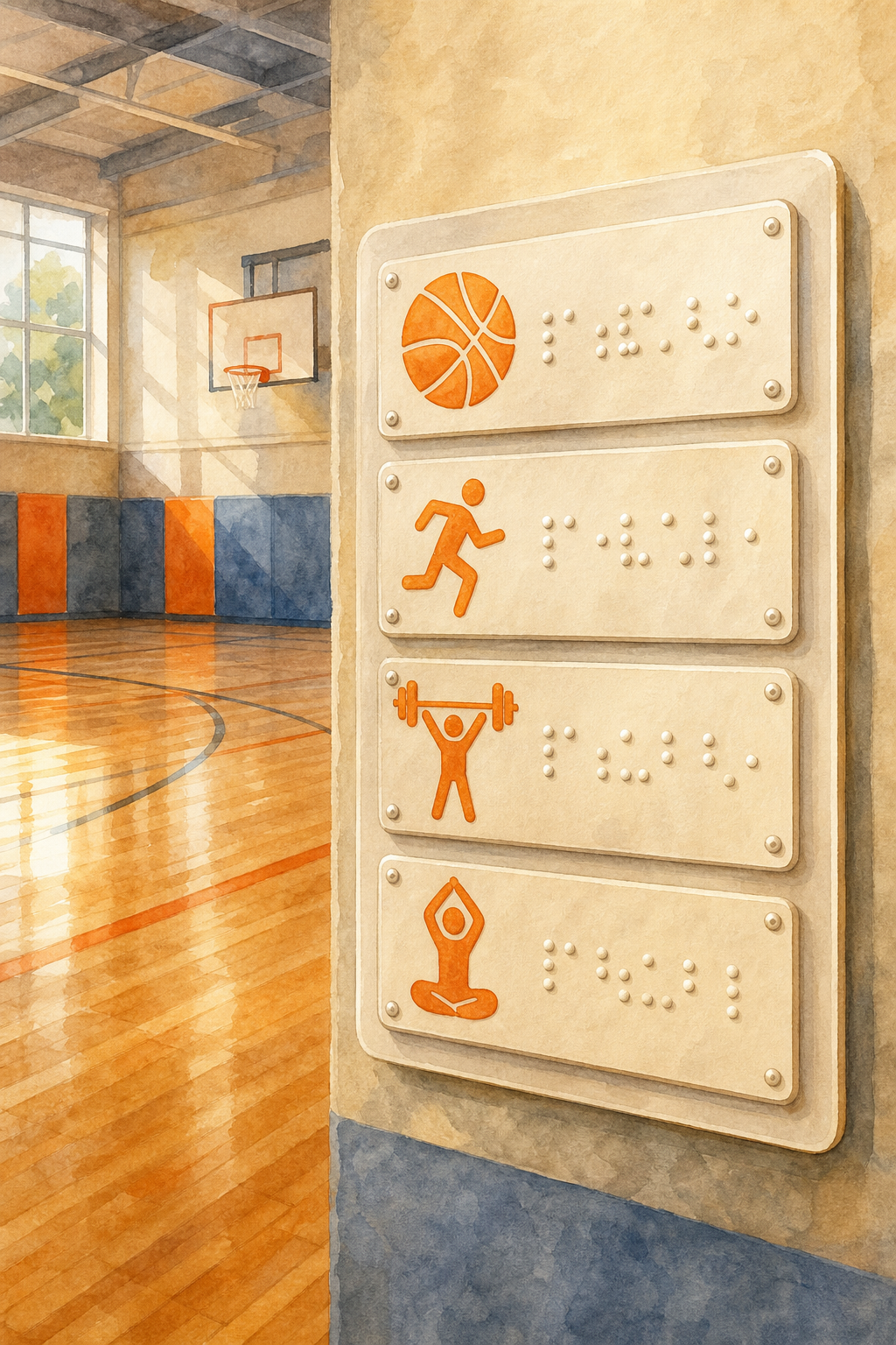 Illustration of tactile signage in a school gymnasium, showing Braille dots and icons for different activity zones. Alt: señal de áreas deportivas con braille en gimnasio.