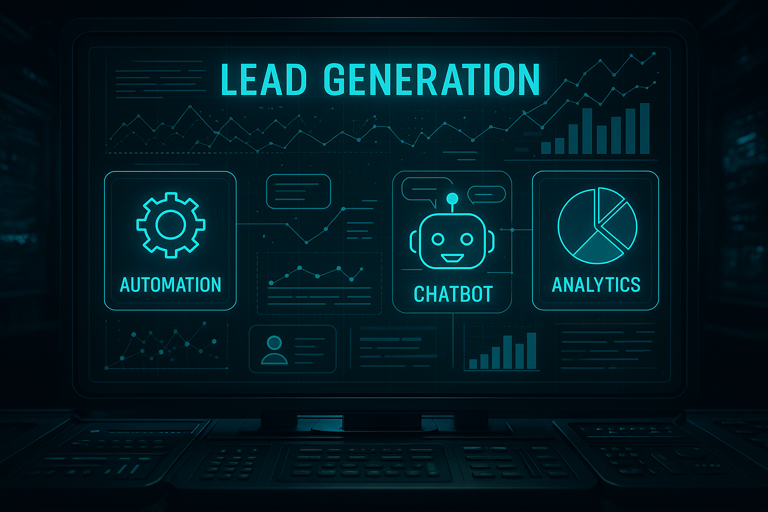 Futuristic dashboard visualizing a diverse set of lead generation tools, including automation, chatbots, and analytics—all interconnected.