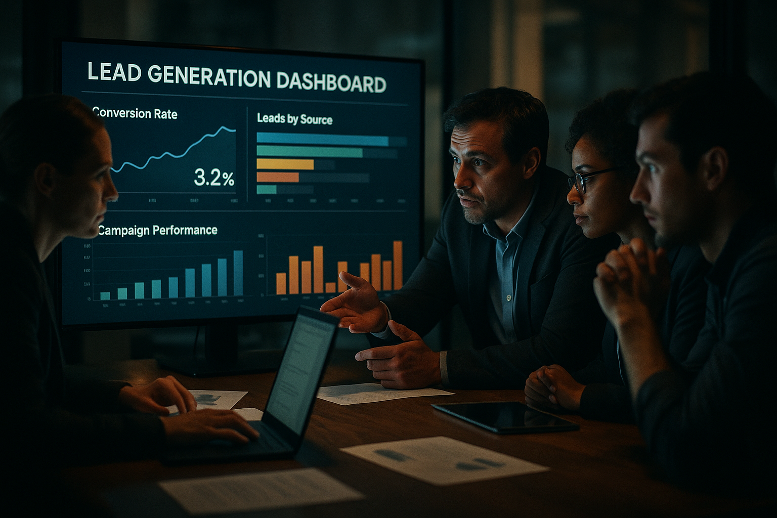 Team reviewing a lead generation dashboard, analyzing conversion rates and campaign performance charts.
