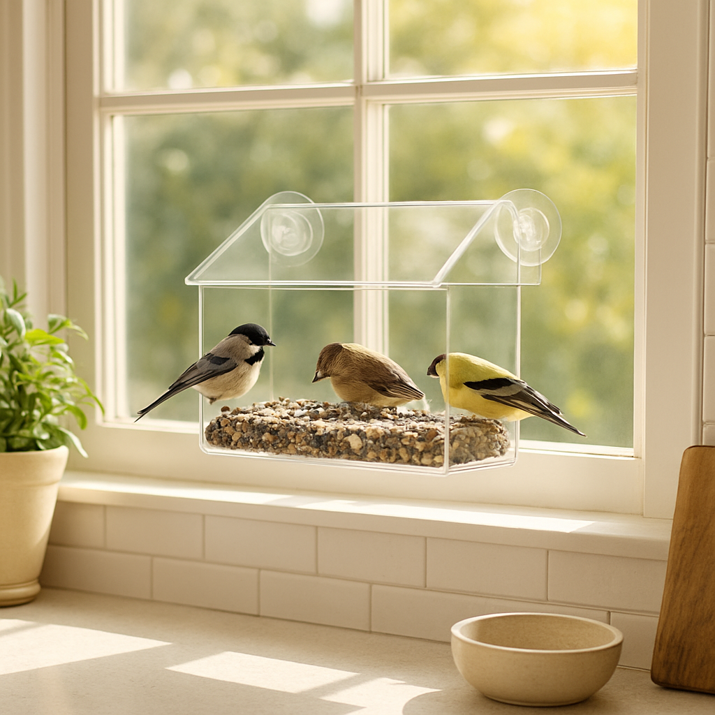 A bright kitchen window with a clear suction cup bird feeder attached, birds pecking at seeds, sunlight streaming in. Alt: Suction cup window bird feeder in a kitchen. 