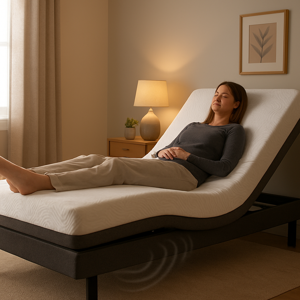 A peaceful bedroom setting with a modern adjustable bed gently vibrating, soft lighting, and a relaxed individual lying in a reclined position. Alt: Whole body vibration bed in a bedroom