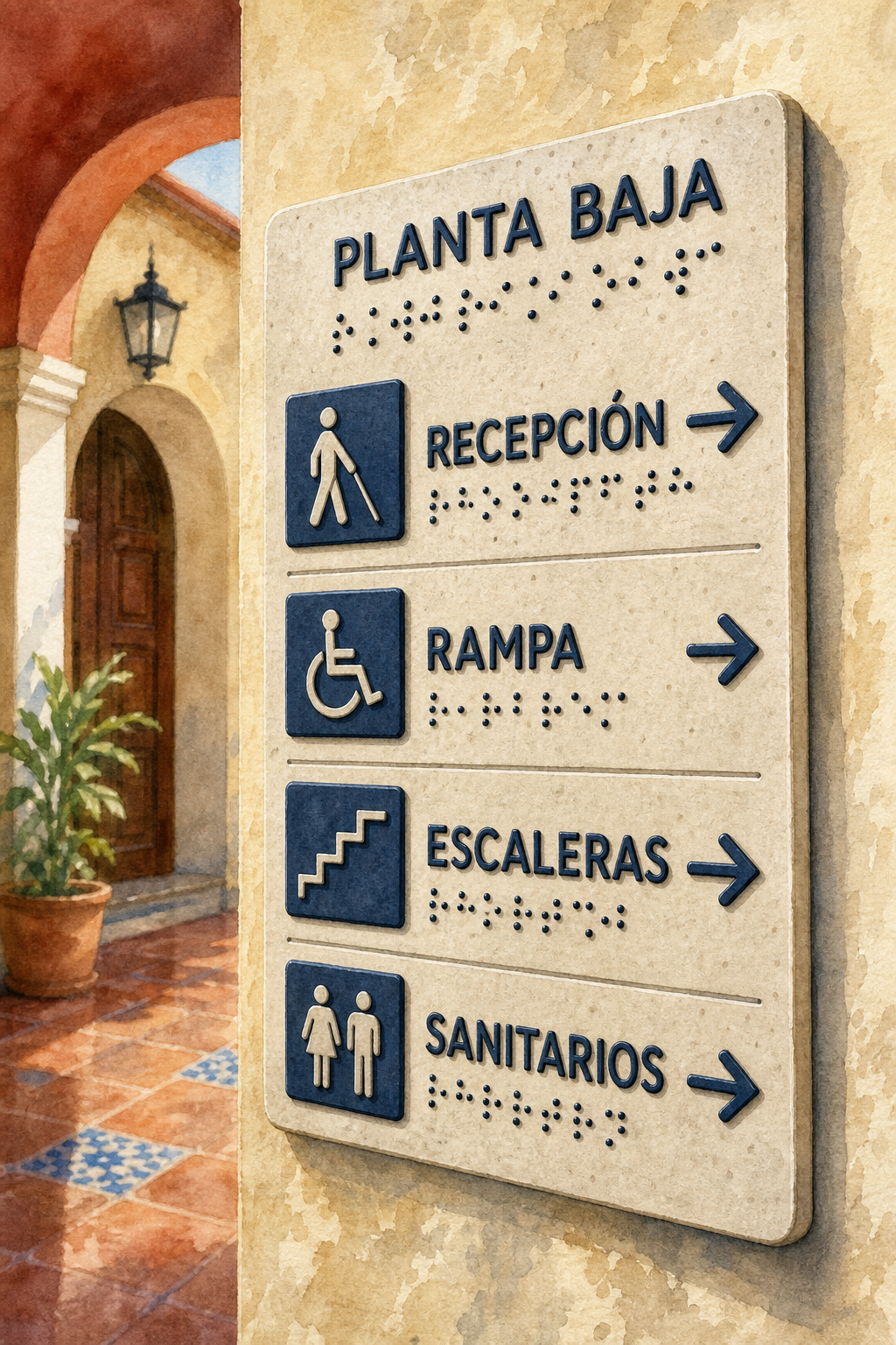 Watercolor illustration of a tactile Braille sign installation in a Mexican building, showing raised text, Braille, and accessibility symbols. Alt: Señaletica táctil Braille en edificio