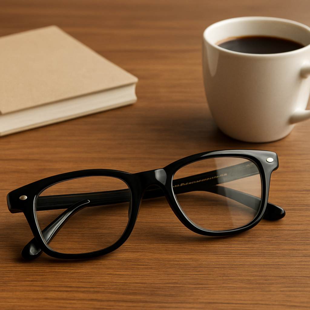 A close‑up of a classic Wayfarer frame on a wooden desk, with a coffee cup and a notebook beside it. Alt: Classic Wayfarer Banana Republic eyeglasses frames on a desk, showcasing style and versatility.