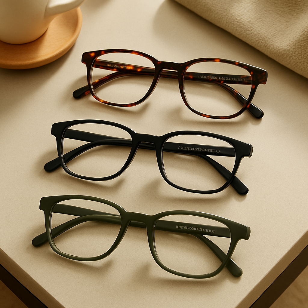 A stylish flat‑lay of affordable Banana Republic eyeglasses frames in tortoise, matte black, and moss green on a coffee table, with a soft natural light background. Alt: Affordable everyday Banana Republic eyeglasses frames collection.