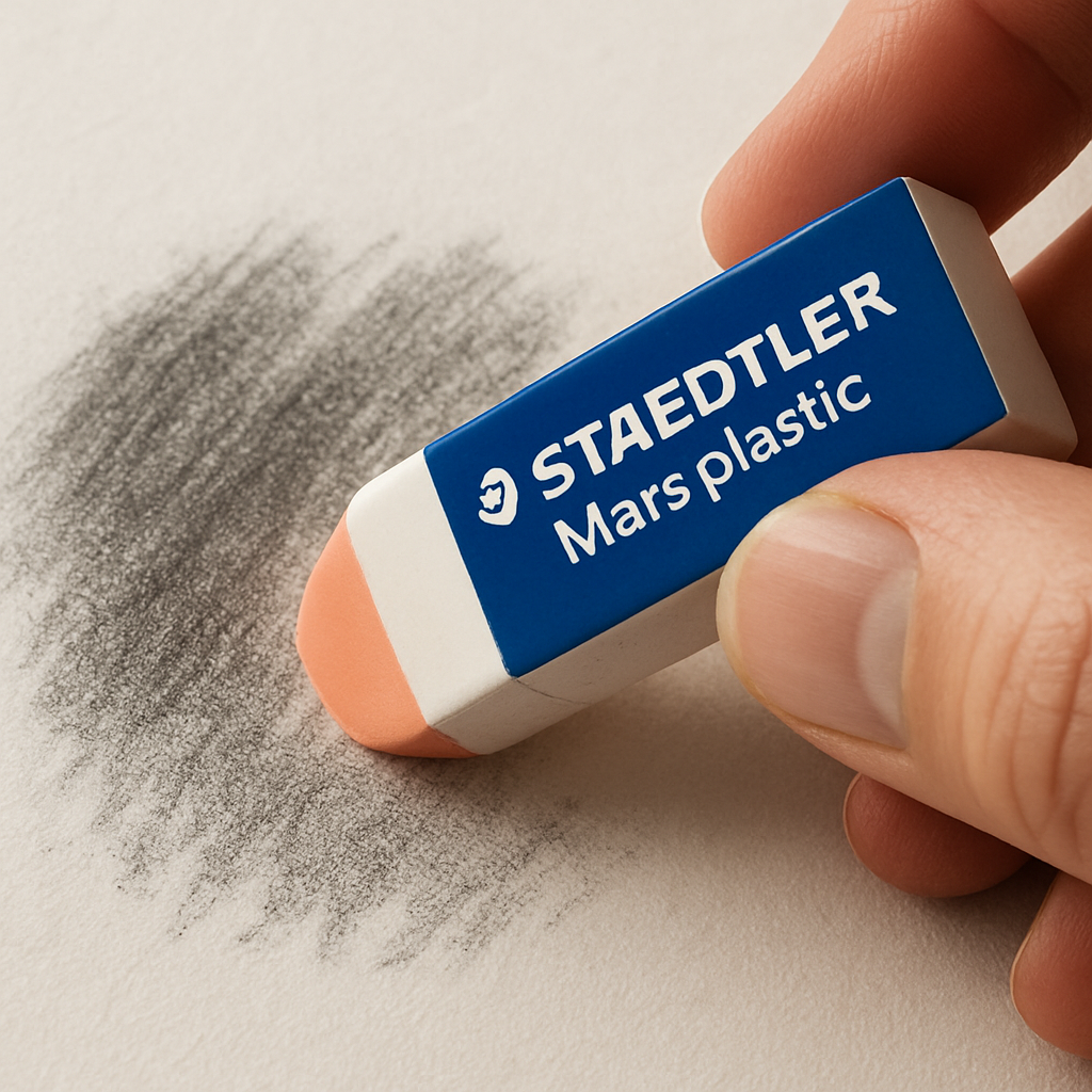 A close‑up of a hand holding a Staedtler Mars Plastic Eraser next to a sketch with graphite smudges, showing the eraser’s pink‑orange tip against textured paper. Alt: Staedtler Mars plastic eraser precise clean‑up for graphite pencils