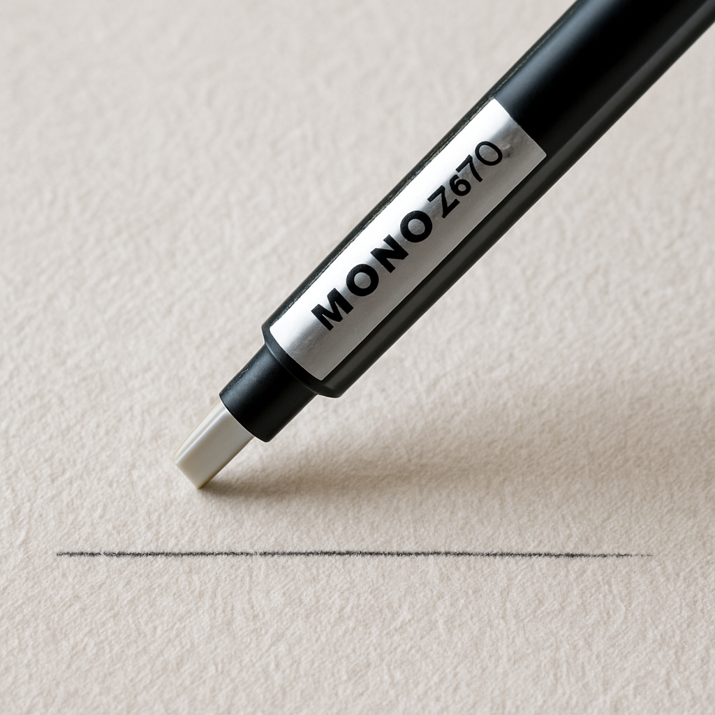 A close‑up of a Tombow Mono Zero Eraser tip hovering over a fine graphite line on a sketchbook page, with Indian sketch paper texture visible. Alt: Tombow Mono Zero precision eraser for tiny graphite corrections