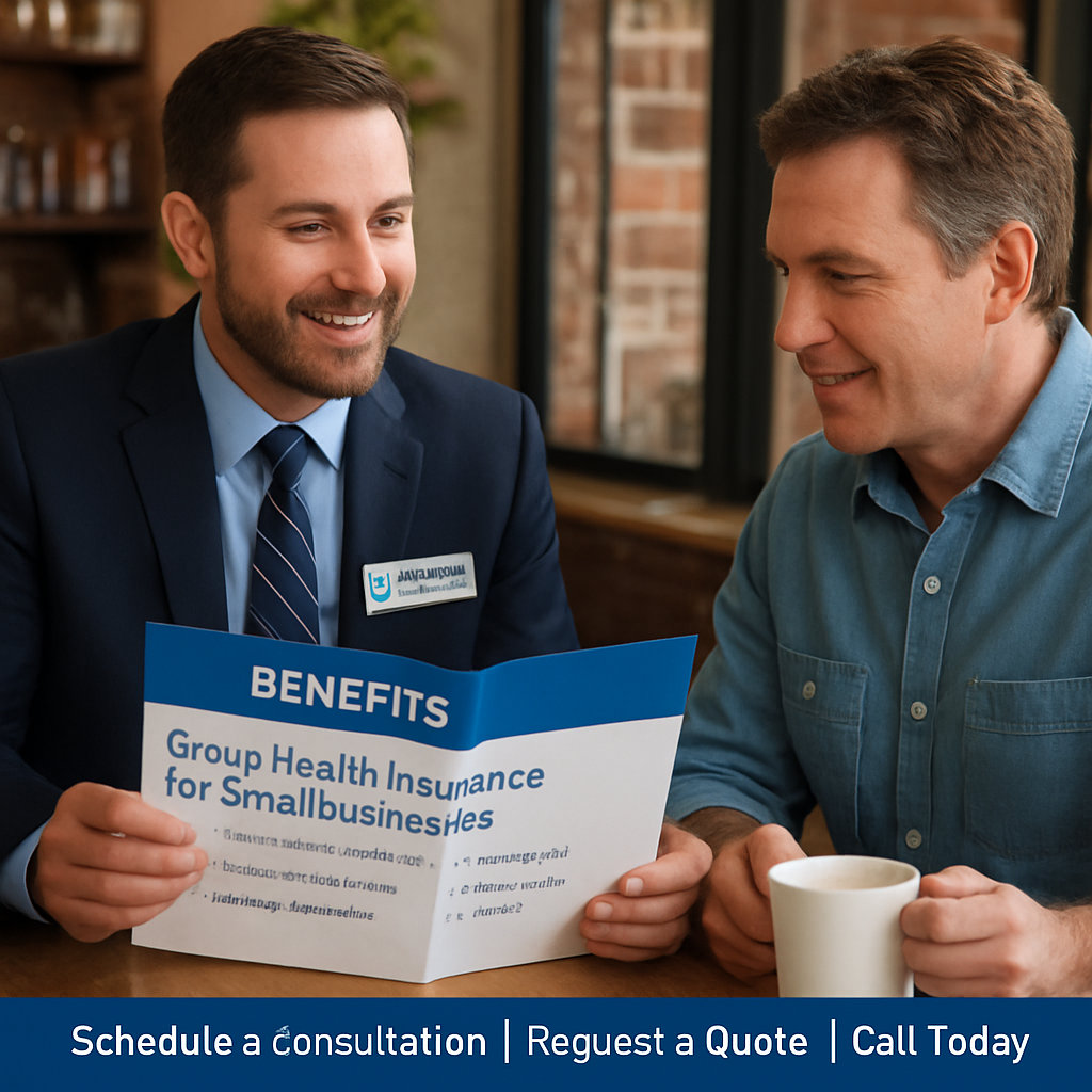A friendly health insurance agent reviewing a benefits brochure with a small business owner at a coffee shop. Alt: Small business health insurance provider consultation with HealthGuard Insurance.