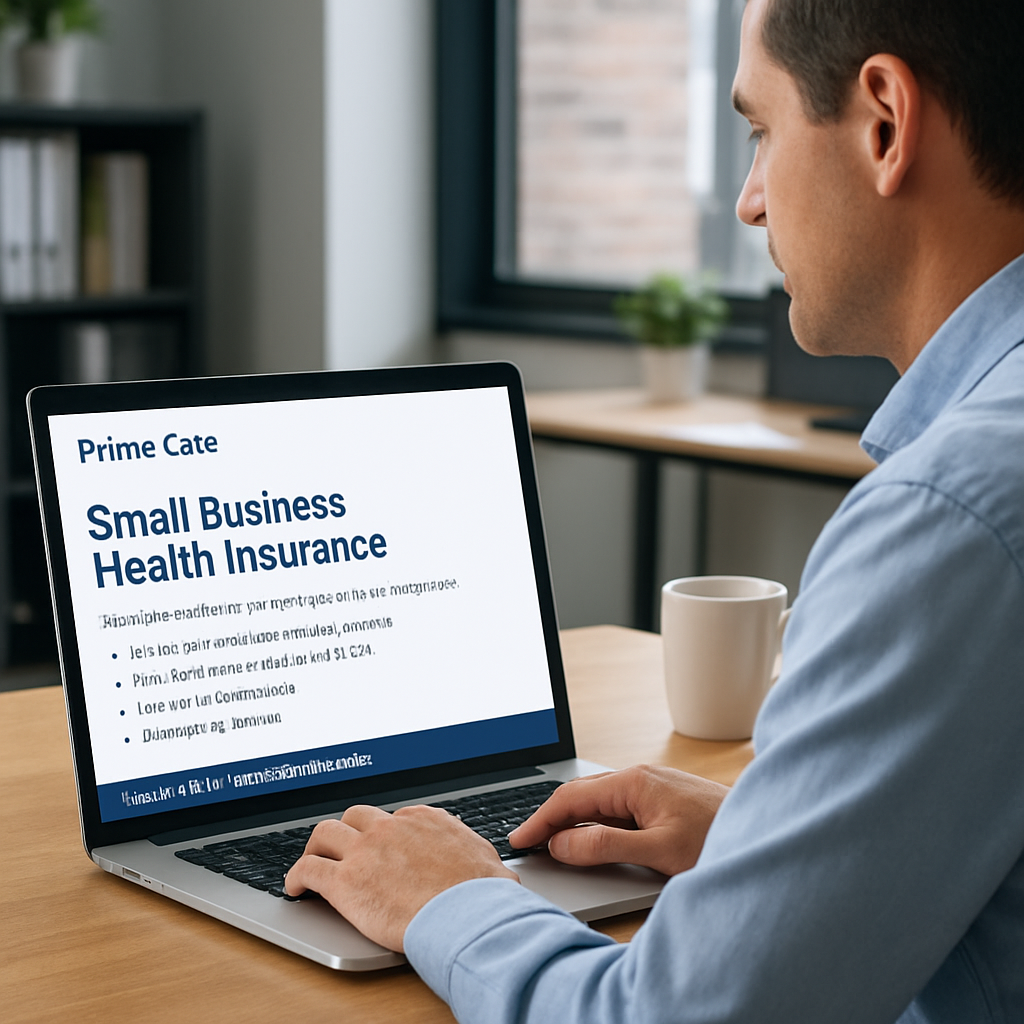 A small business owner reviewing PrimeCare insurance options on a laptop with a coffee mug beside them, office background. Alt: Small business health insurance PrimeCare provider overview.