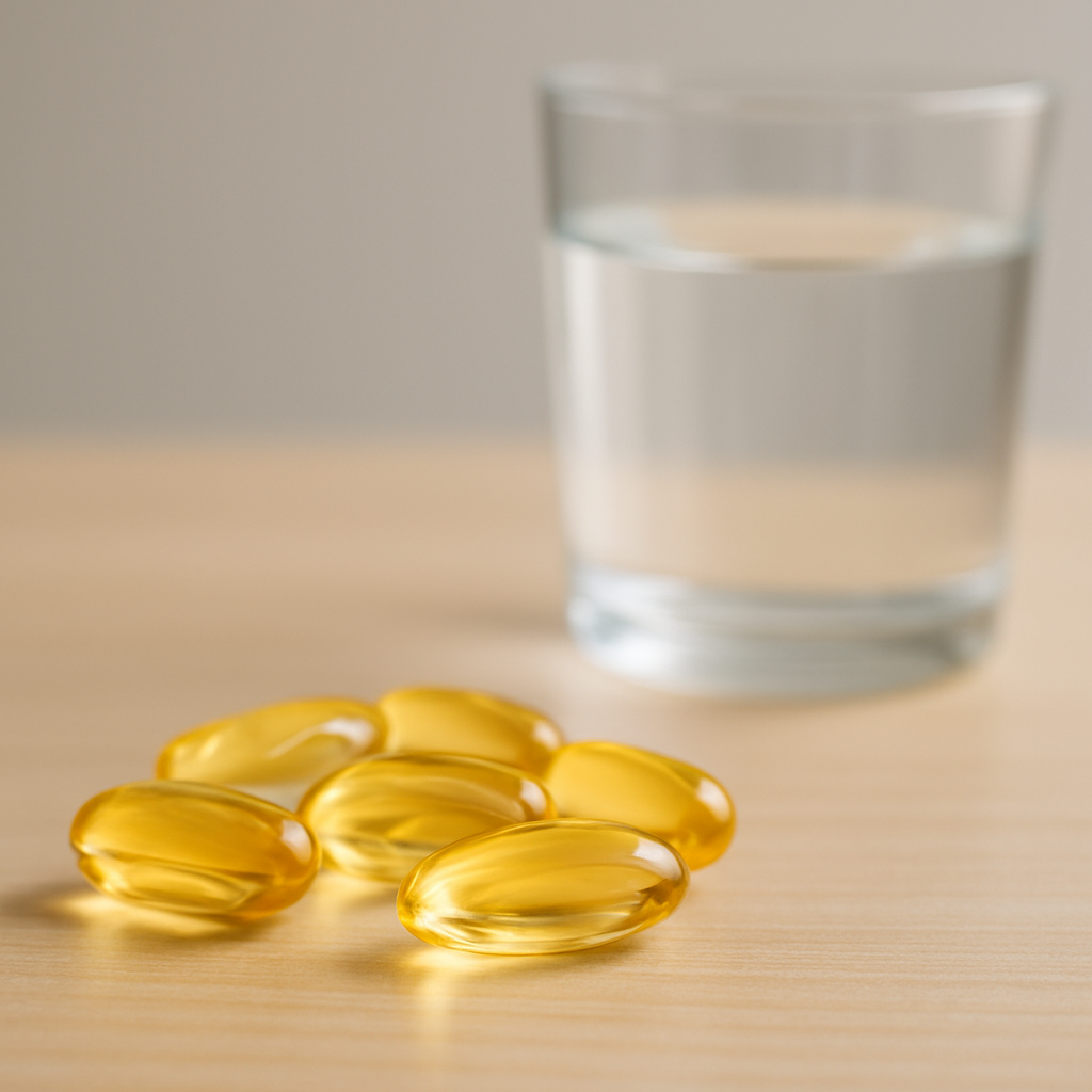 A photorealistic close-up of omega-3 softgels next to a glass of water and a clean desk, conveying brain-health supplementation in a real-world setting. Alt: omega-3 DHA and EPA softgels on a desk with water, representing brain health supplementation.