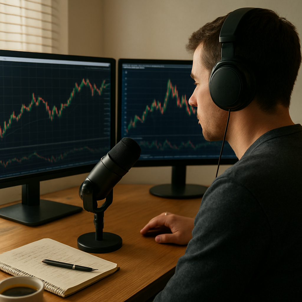 A photorealistic, realism-style scene showing a trader wearing headphones at a desk with two monitors displaying forex charts, a microphone in front, a notebook with scribbles, and a cup of coffee; natural morning light through blinds; focused educational atmosphere for aspiring traders. Alt: forex trading podcasts listening setup with charts and microphone.