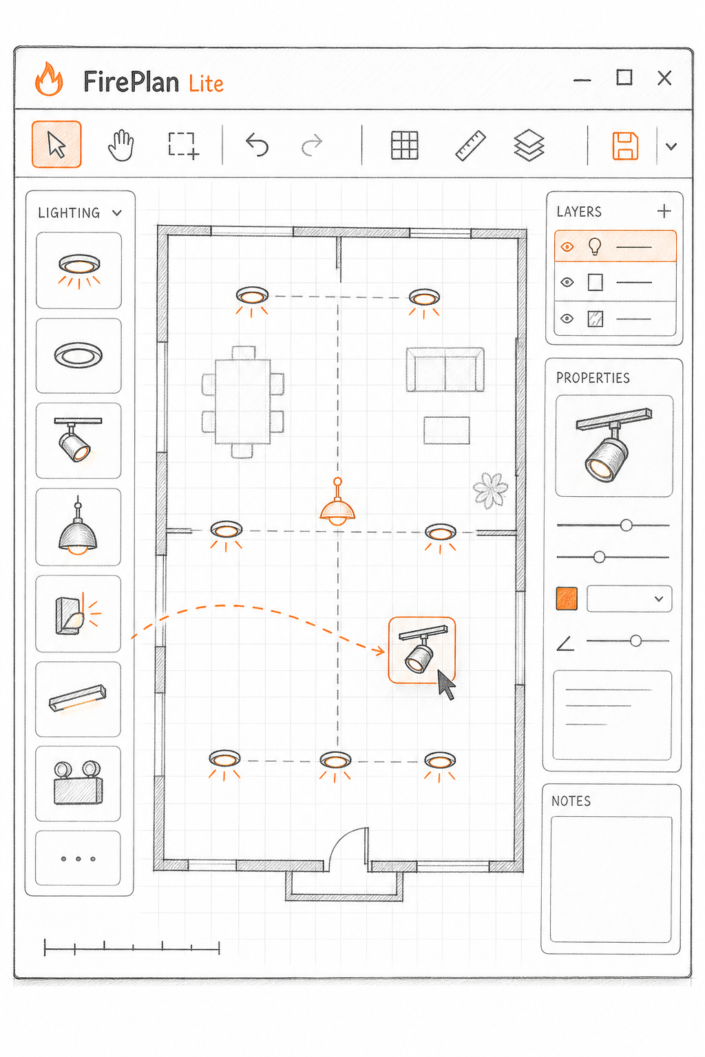 Top 5 logiciels de création de plan de feu gratuit 1 A descriptive prompt for an AI image generator: “A conceptual illustration of FirePlan Lite interface: a clean grid with draggable lighting icons and a simple toolbar.” Alt: FirePlan Lite interface mockup.