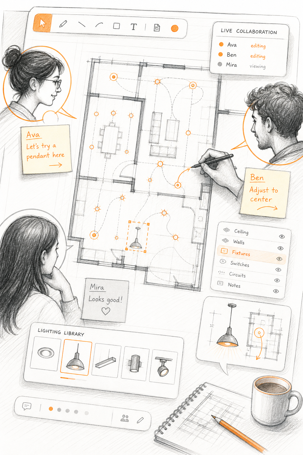 Top 5 logiciels de création de plan de feu gratuit 2 A descriptive prompt for an AI image generator: “Collaborative online lighting plan board with avatars around a shared plan, showing real-time edits.” Alt: BlazeMap Open collaboration board.