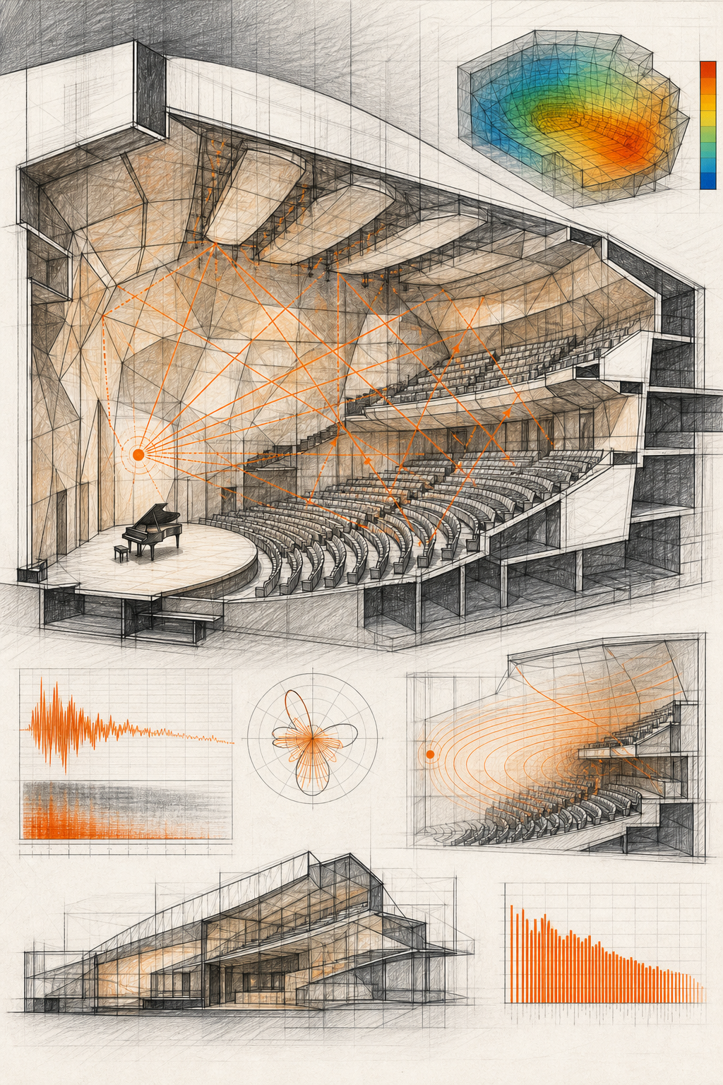Top 5 logiciels de simulation acoustique pour salle de concert 1 A sketch-style illustration of an architectural concert hall model with sound wave propagation paths and seating rows, alt: Logiciel de simulation acoustique salle de concert modélisation 3D