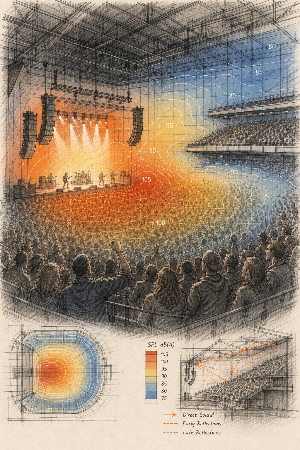 Top 5 logiciels de simulation acoustique pour salle de concert 2 A sketch-style visual of a large concert venue with sound level contour maps and a crowded audience, alt: Simulation acoustique salle de foule cartographie sonore