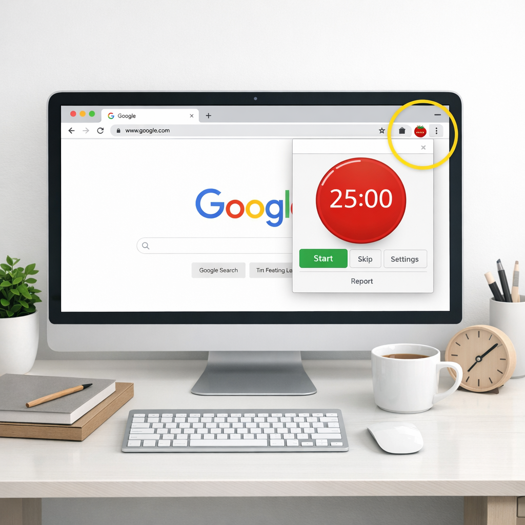 A clean, minimalistic workspace with a Chrome browser window showing the Focus Keeper extension icon highlighted in the toolbar. Alt: Pomodoro timer chrome extension interface on a tidy desk.