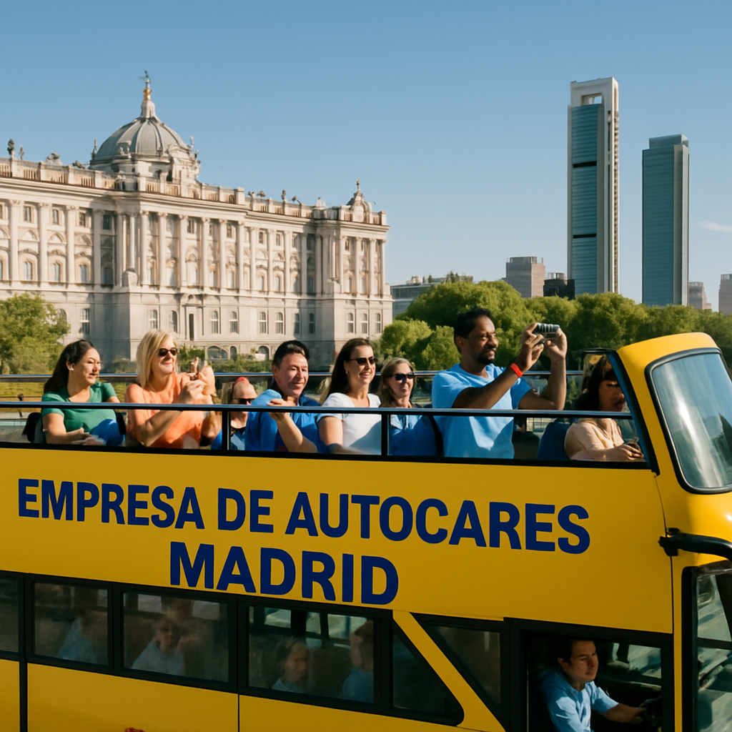 A bright, open‑top panoramic bus cruising past the Royal Palace and modern skyscrapers of Madrid, passengers smiling and taking photos. Alt: Day trip and panoramic city tour with empresa de autocares Madrid