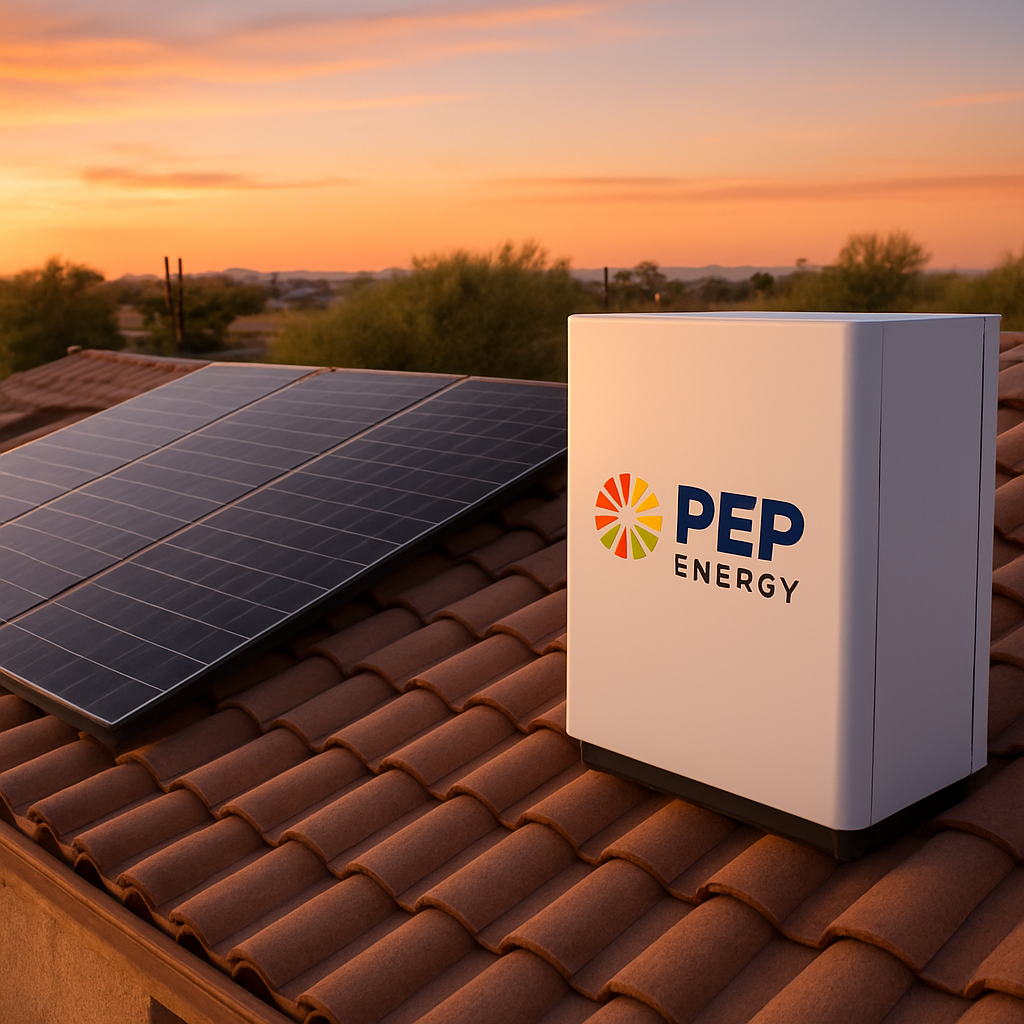 A rooftop solar array with a sleek battery unit installed beside the panels, showing a sunny Arizona home at dusk. Alt: Freedom Solar Power battery storage integration on an Arizona residence.