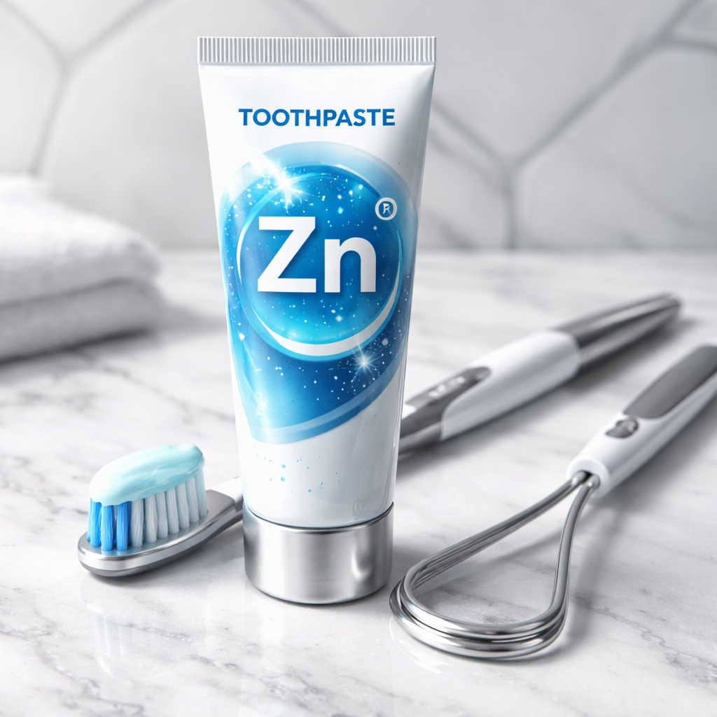 A photorealistic close‑up of a modern toothpaste tube with a bright zinc icon on the label, placed beside a sleek toothbrush and a tongue scraper on a white marble countertop, soft natural lighting highlighting the texture of the toothpaste paste, reflecting a premium oral‑care vibe for an adult audience.