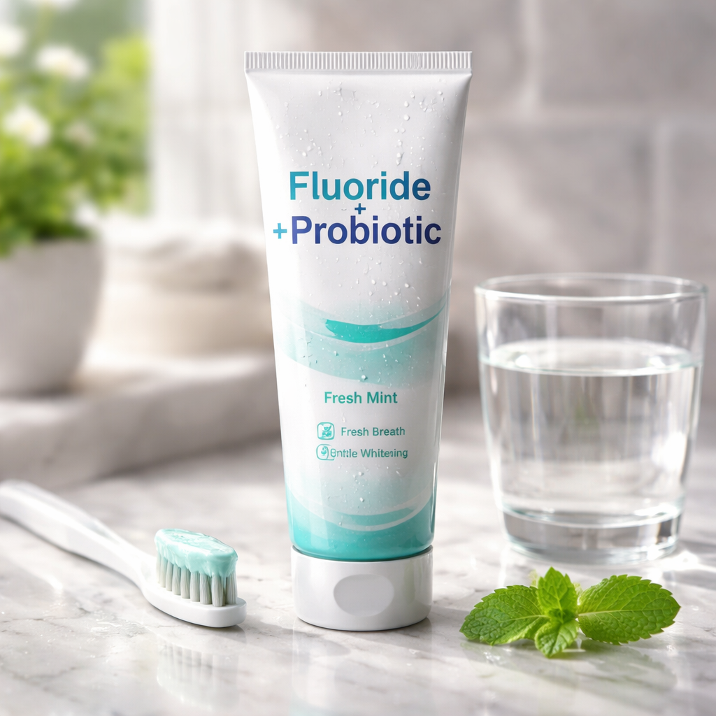 A photorealistic close‑up of a sleek toothpaste tube labeled 