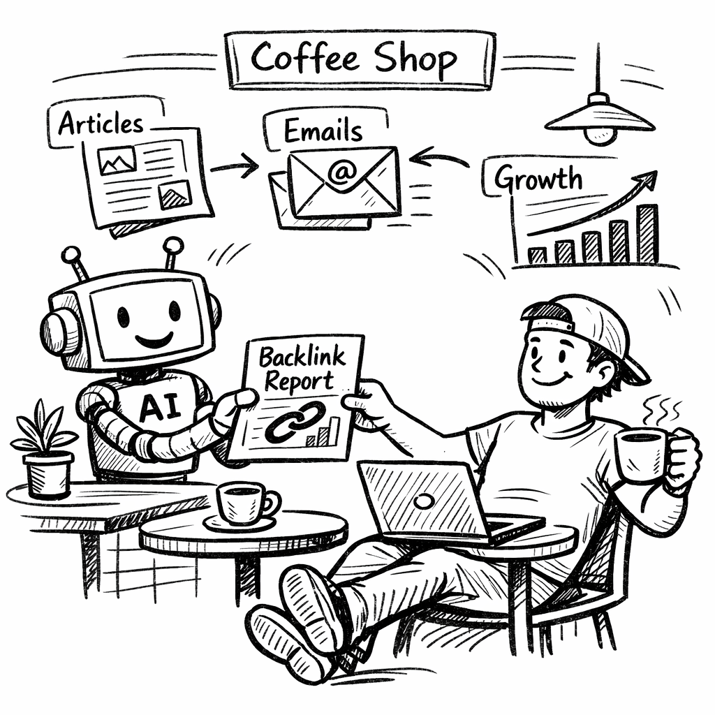 A Doodle illustration of an AI robot handing a backlink report to a relaxed marketer at a coffee shop, with icons of articles, emails, and a growth chart in the background. Alt: AI backlink generator workflow doodle for digital marketers
