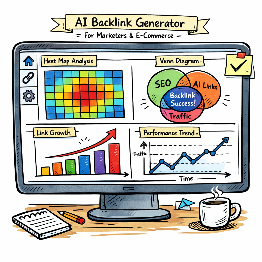 A Doodle style illustration of a dashboard with colourful heat‑map, Venn diagram, bar chart, and line graph all stacked on a computer screen, showing AI‑generated visual insights for an ai backlink generator, aimed at digital marketers and e‑commerce owners.